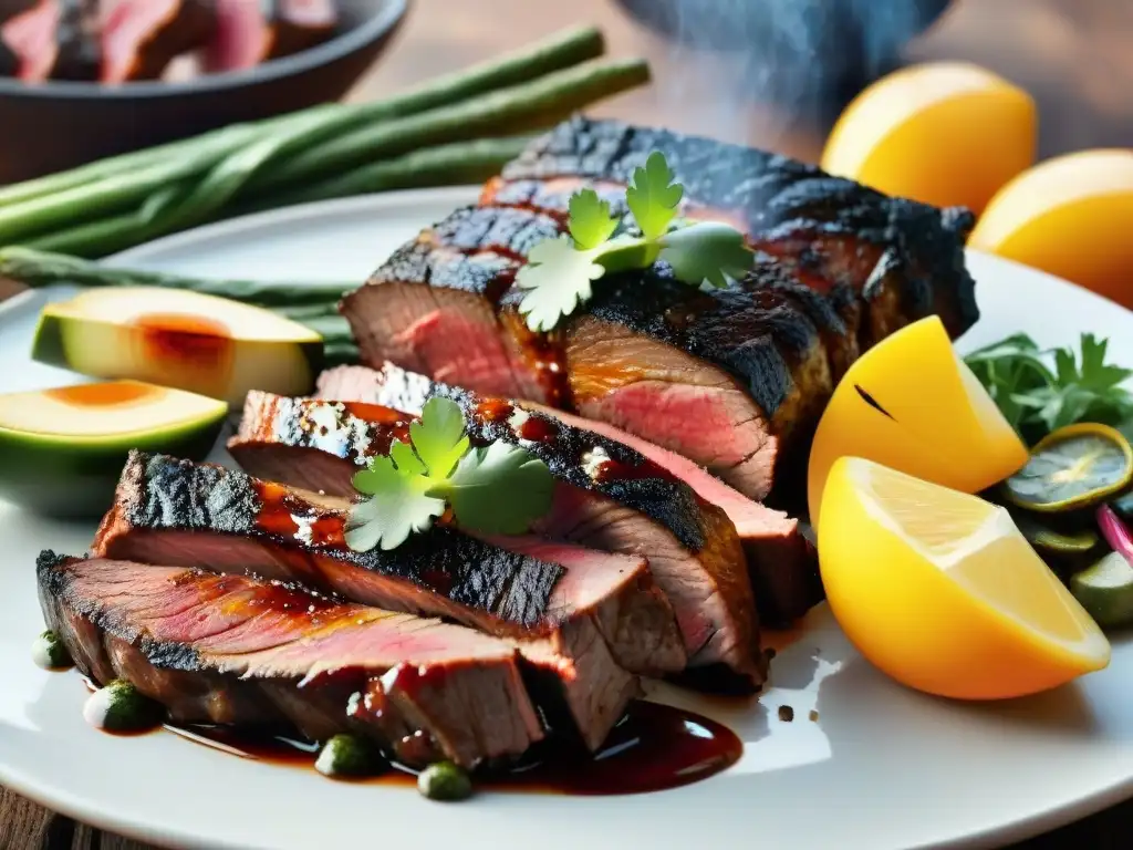 Un delicioso asado uruguayo con churrasco, morcilla y costillas, rodeado de chimichurri y pan