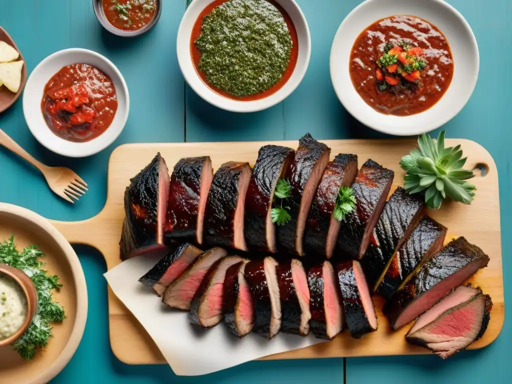 Delicioso asado uruguayo con churrasco, morcilla y vacío, acompañado de vibrantes salsas como chimichurri, criolla y roja