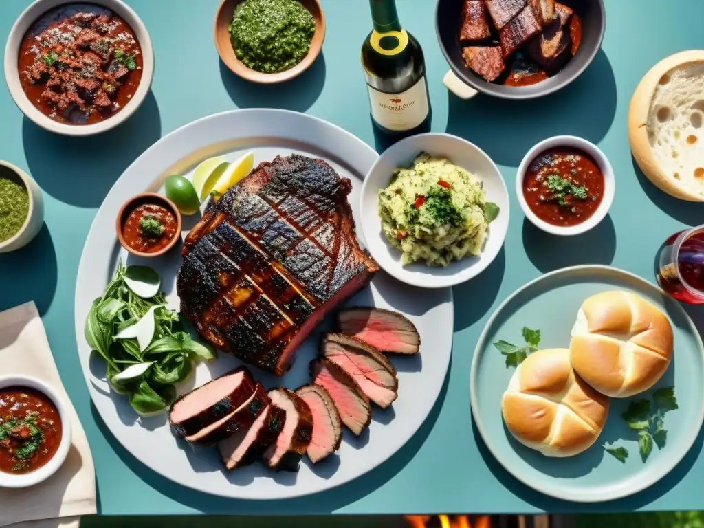 Delicioso asado uruguayo con churrasco, morcilla, chorizo y vino Tannat