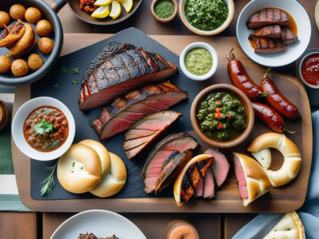 Delicioso asado uruguayo con churrasco, morcilla y chorizo, en ambiente campestre