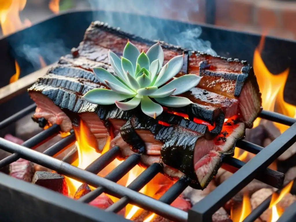 Delicioso asado uruguayo cocinado a la perfección sobre brasas ardientes rodeado de amigos y chimichurri