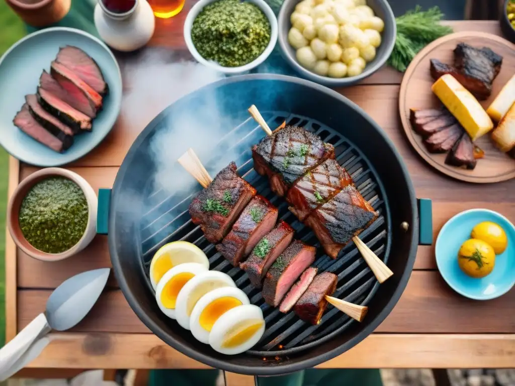 Un delicioso asado uruguayo completo con churrasco, vacío, chimichurri, vino y parrilla