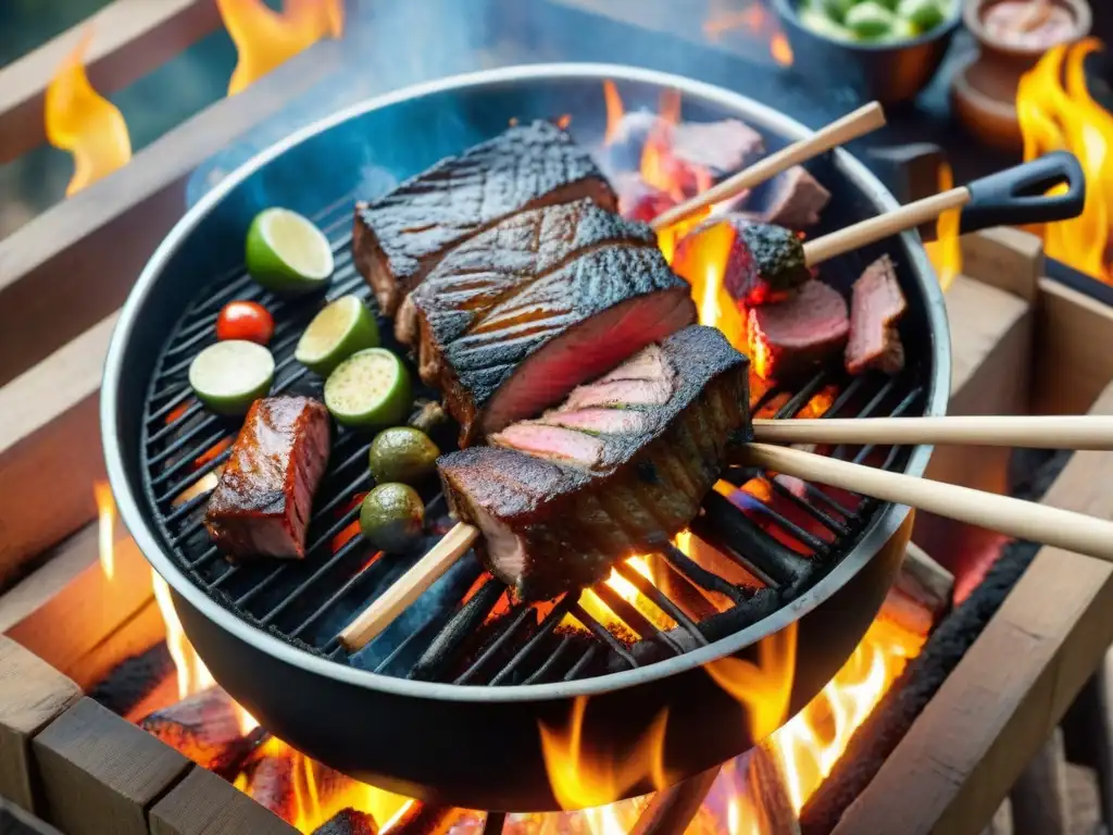 Un delicioso asado uruguayo con condimentos tradicionales en un ambiente rústico y tentador