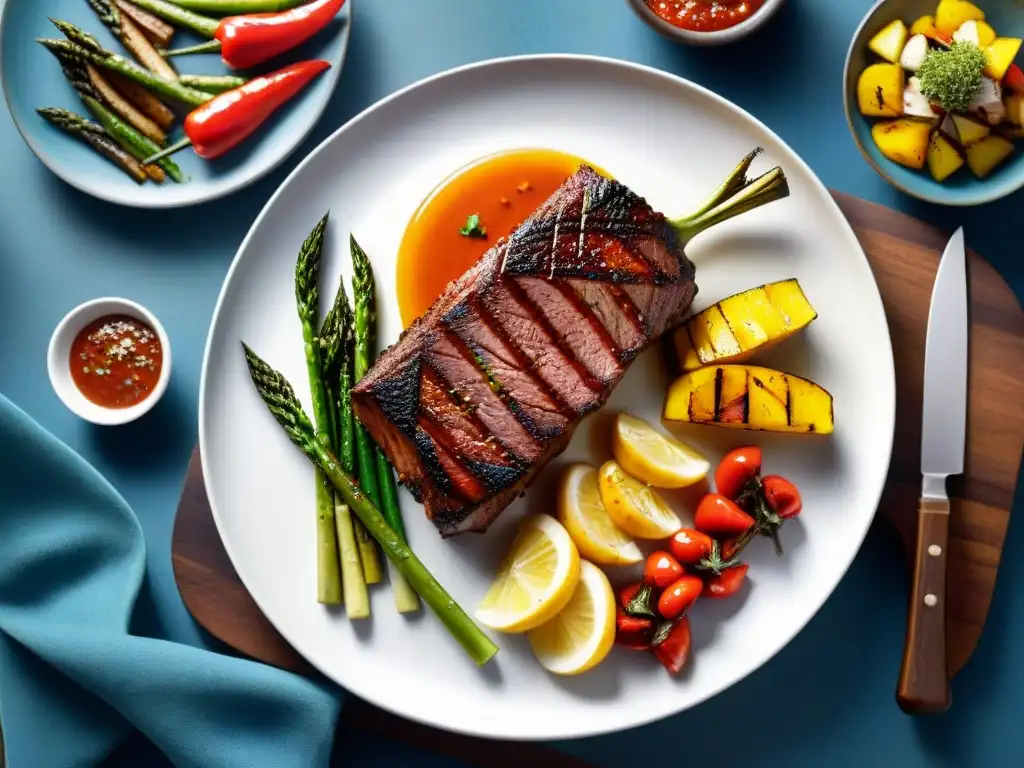 Delicioso asado uruguayo con cortes bajos en grasa y coloridas verduras asadas