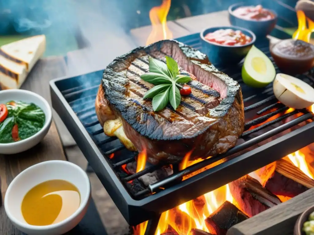 Delicioso asado uruguayo con cortes premium en parrilla, ambientado en un evento al aire libre