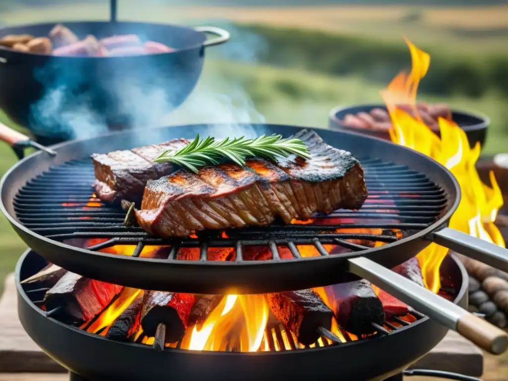 Delicioso asado uruguayo con cortes tradicionales en parrilla, en un paisaje campestre