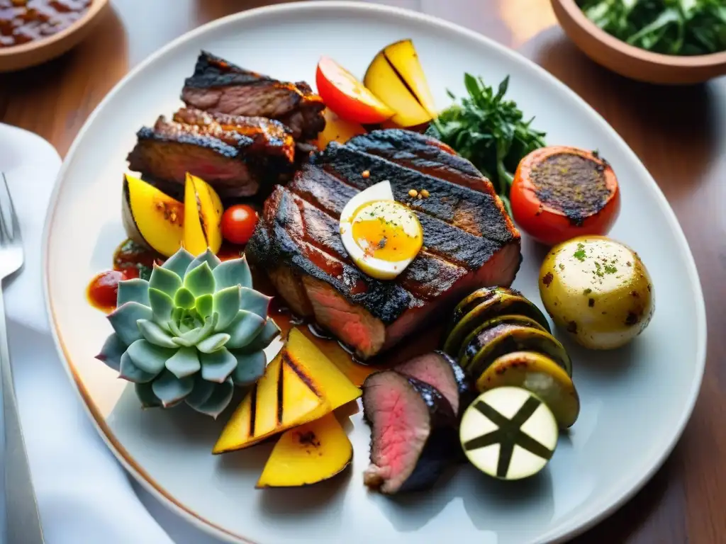 Un delicioso asado uruguayo con cortes magros, acompañado de chimichurri, ensaladas y vegetales a la parrilla, bañado en cálida luz solar