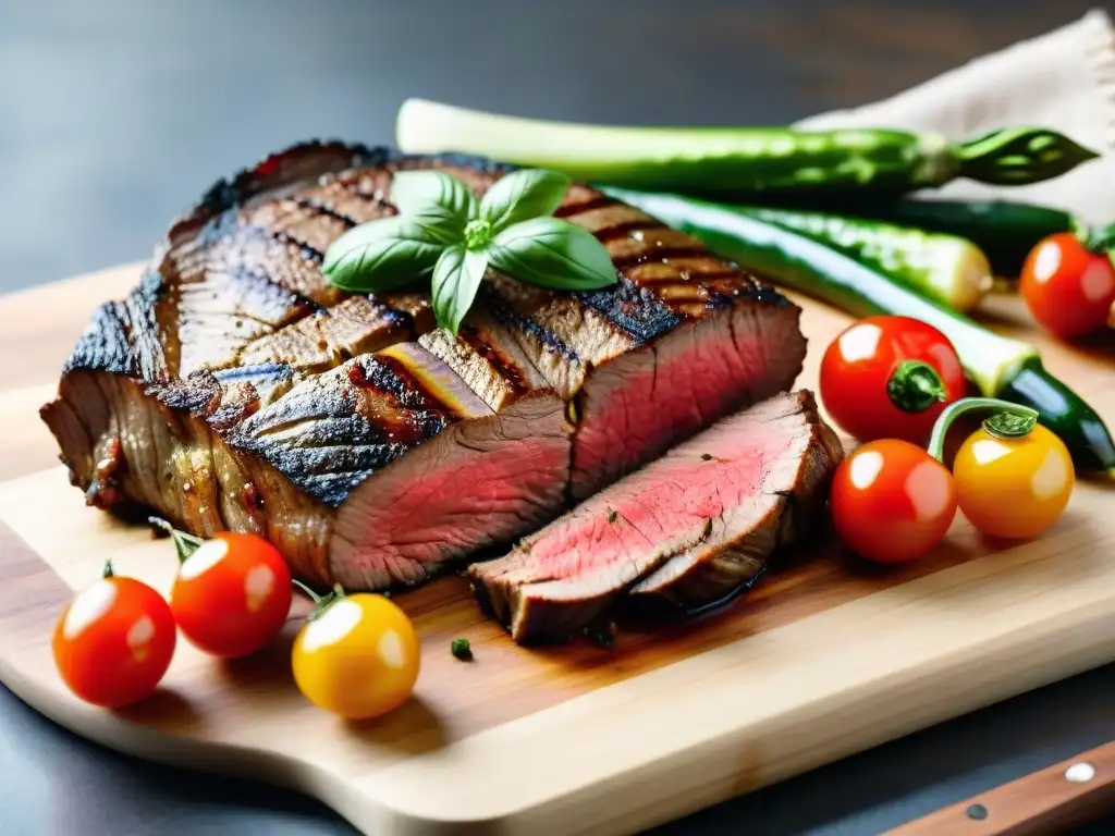 Delicioso asado uruguayo con cortes magros, vegetales a la parrilla y chimichurri fresco en tabla de madera rústica