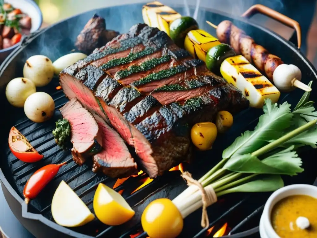 Delicioso asado uruguayo con cortes magros, jugosos y ahumados, bañados en chimichurri y rodeados de vegetales a la parrilla