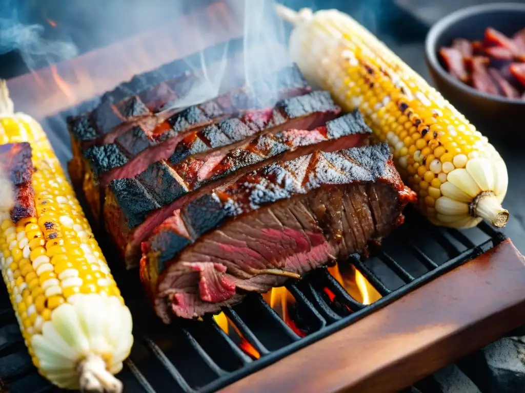 Delicioso asado uruguayo con cortes de carne jugosos, chorizos crujientes y mazorca de maíz dorada