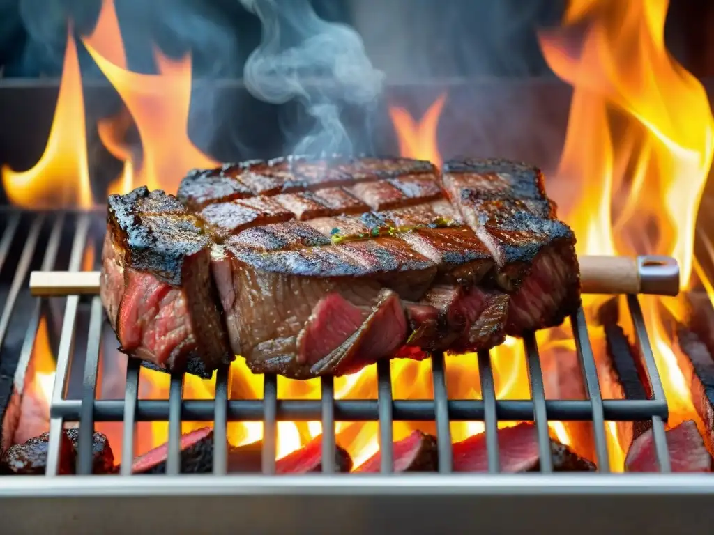 Delicioso asado uruguayo con cortes premium en la parrilla, rodeado de llamas vibrantes