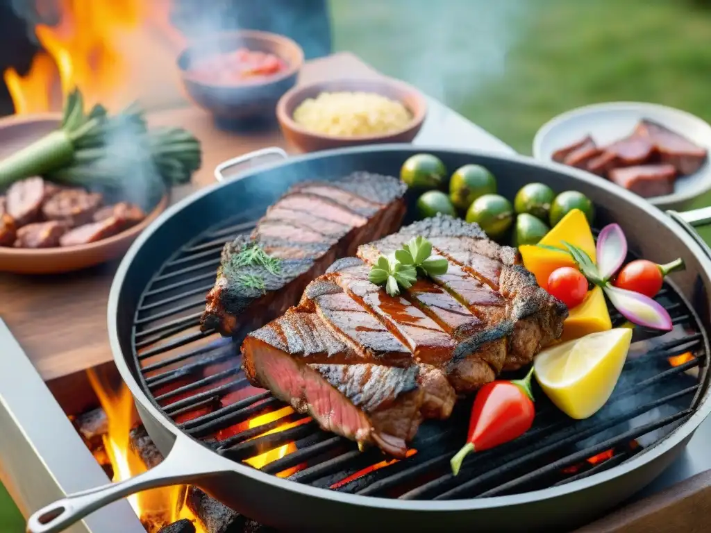 Delicioso asado uruguayo con cortes de carne magra, asándose en la parrilla bajo el sol veraniego