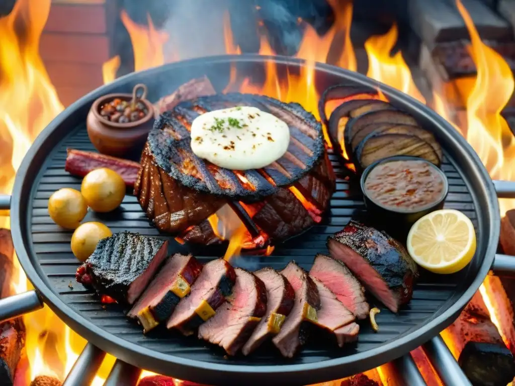 Delicioso asado uruguayo con cortes para principiantes cocinados a la perfección en parrilla, rodeado de llamas