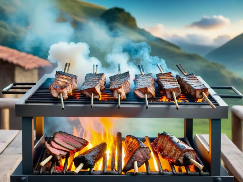 Delicioso asado uruguayo con costillas, chuletas y pierna, cocinadas a la perfección sobre una parrilla, en un paisaje campestre