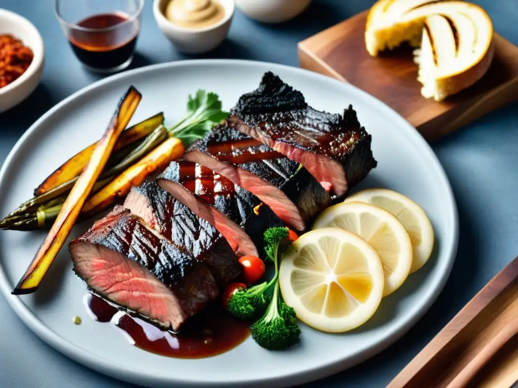 Delicioso asado uruguayo con equilibrio de nutrientes, jugoso y con vegetales a la parrilla