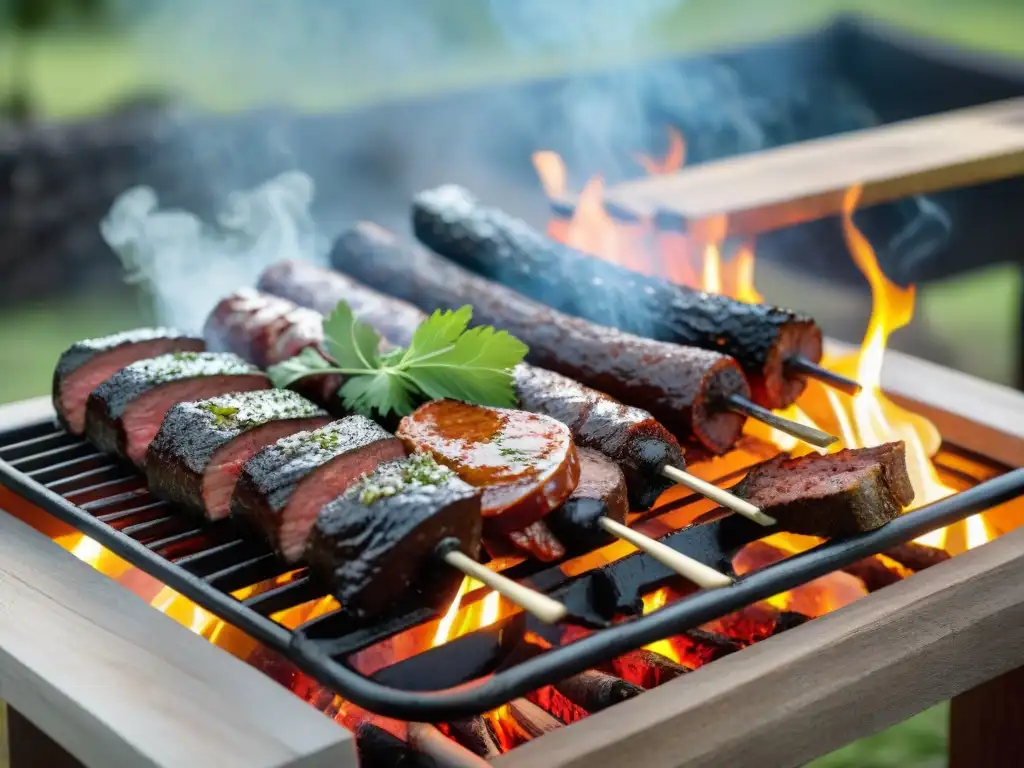 Delicioso asado uruguayo en evento campestre, con variedad de carnes a la parrilla y vino Tannat