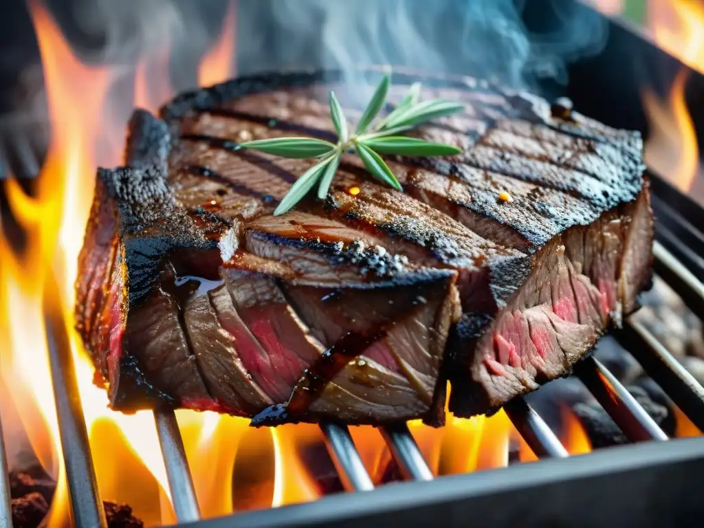 Delicioso asado uruguayo experto: jugoso filete a la parrilla con hierbas y especias, sizzling en la barbacoa