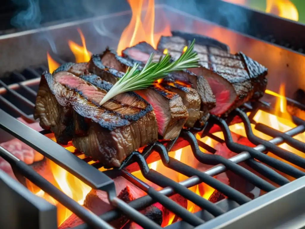 Delicioso asado uruguayo: jugosos cortes de carne premium en una parrilla humeante rodeada de vegetales frescos