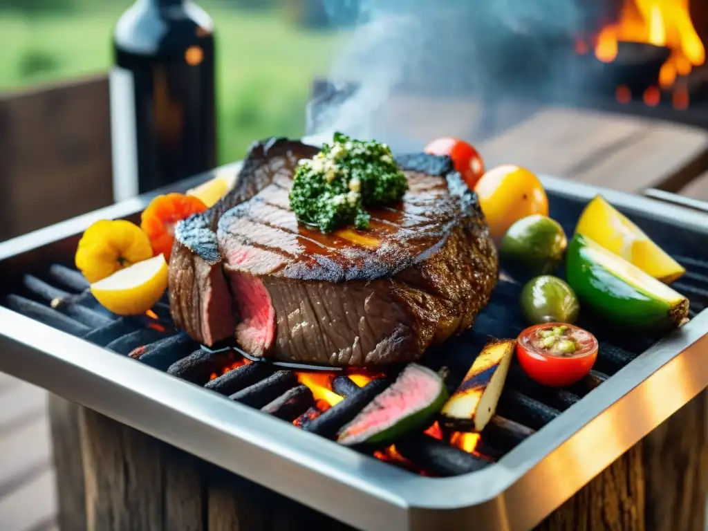 Delicioso asado uruguayo con maridaje de Tannat, rodeado de chimichurri y vegetales a la parrilla