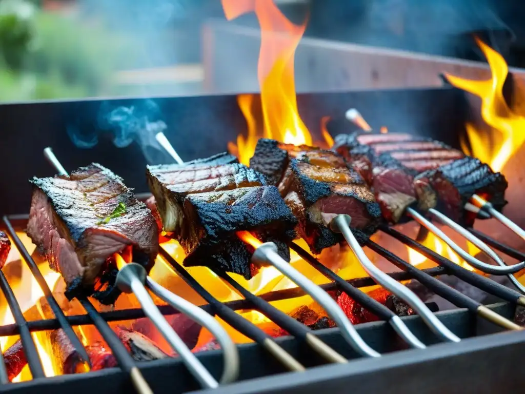 Delicioso asado uruguayo con marinado perfecto para asado uruguayo, carnes cocinándose en parrilla con hierbas y vegetales frescos