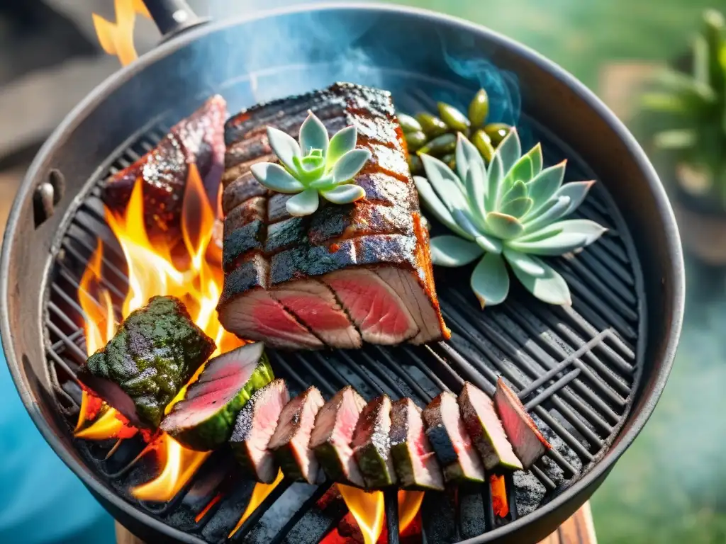 Delicioso asado uruguayo con marinados modernos, carne jugosa y vegetales coloridos, en un escenario campestre