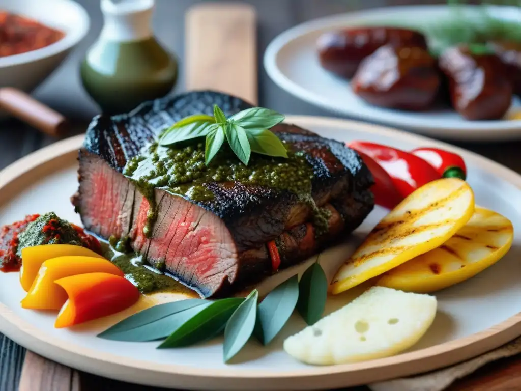 Delicioso asado uruguayo con los mejores condimentos: chimichurri, salsa criolla y morcilla, en una mesa rústica