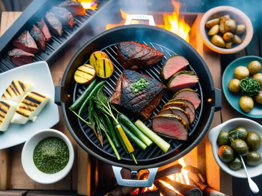 Delicioso asado uruguayo con las mejores guarniciones para asado uruguayo, bajo el cálido sol