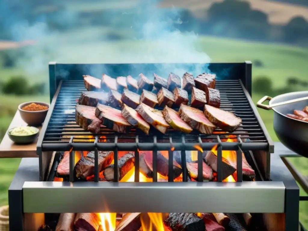 Delicioso asado uruguayo con las mejores especias, en un entorno campestre y cielo azul