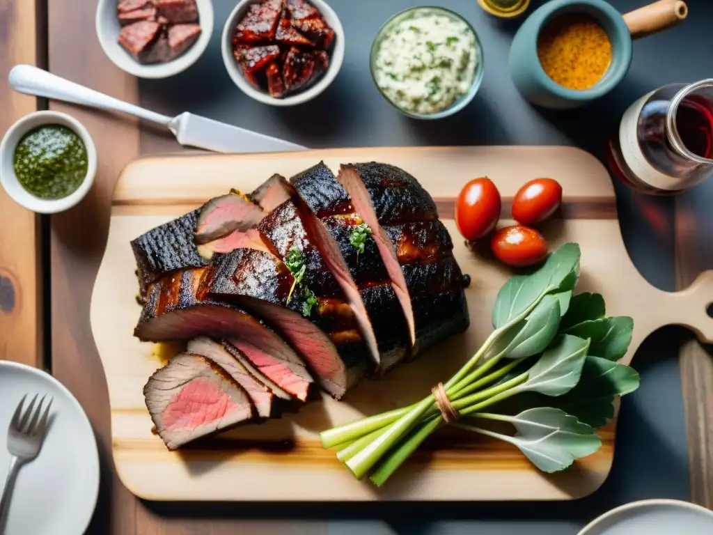 Delicioso asado uruguayo con los mejores cortes, chimichurri y vino Tannat en mesa rústica