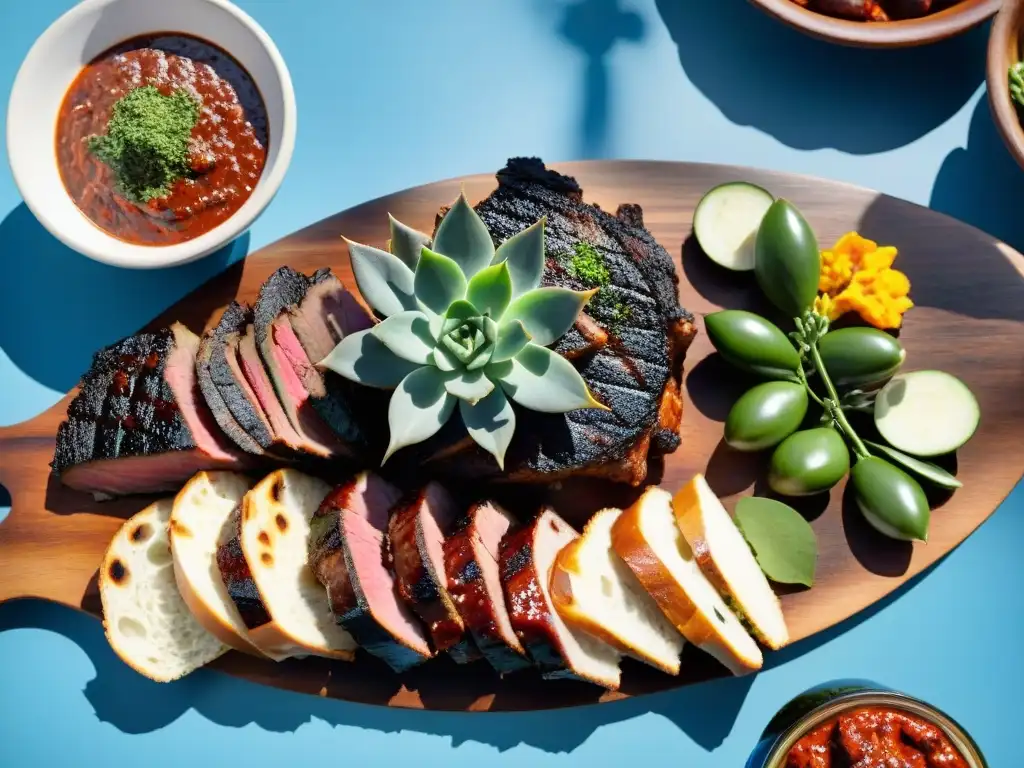 Un delicioso asado uruguayo con los mejores cortes, acompañado de chimichurri y vegetales a la parrilla, en un entorno campestre