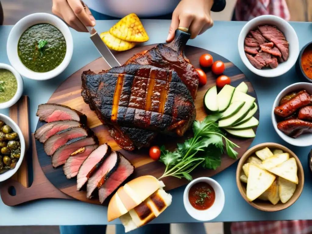 Delicioso asado uruguayo en una mesa rústica, con carnes a la parrilla y chimichurri, bajo el cálido sol