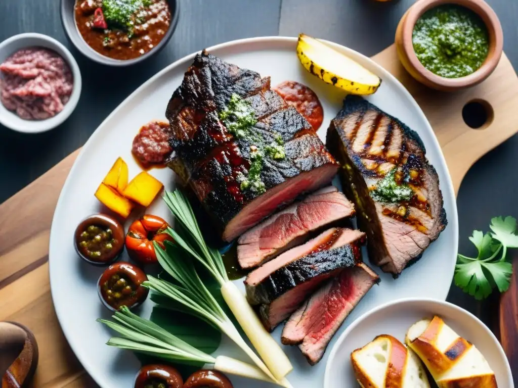 Delicioso asado uruguayo en mesa rústica con carnes y chimichurri, maridado con vino tinto