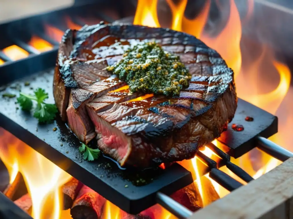 Delicioso asado uruguayo en parrilla, con carne jugosa y chimichurri