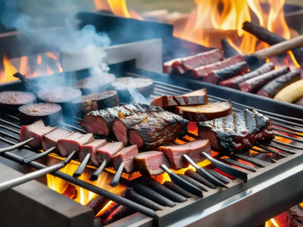 Delicioso asado uruguayo en parrilla tradicional con carnes y llamas, en un entorno campestre