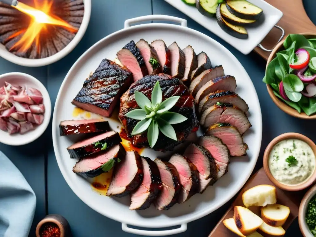 Delicioso asado uruguayo en parrilla, con cortes de carne jugosos y chimichurri