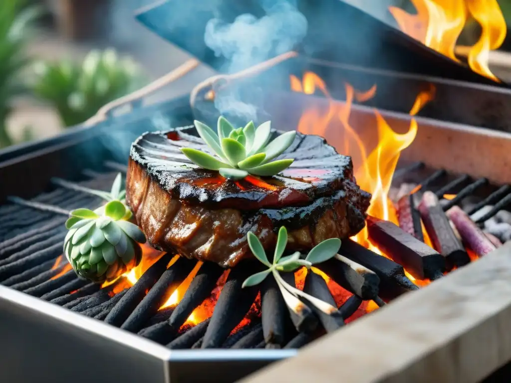 Delicioso asado uruguayo siendo braseado lentamente en parrilla, rodeado de hierbas y vegetales frescos