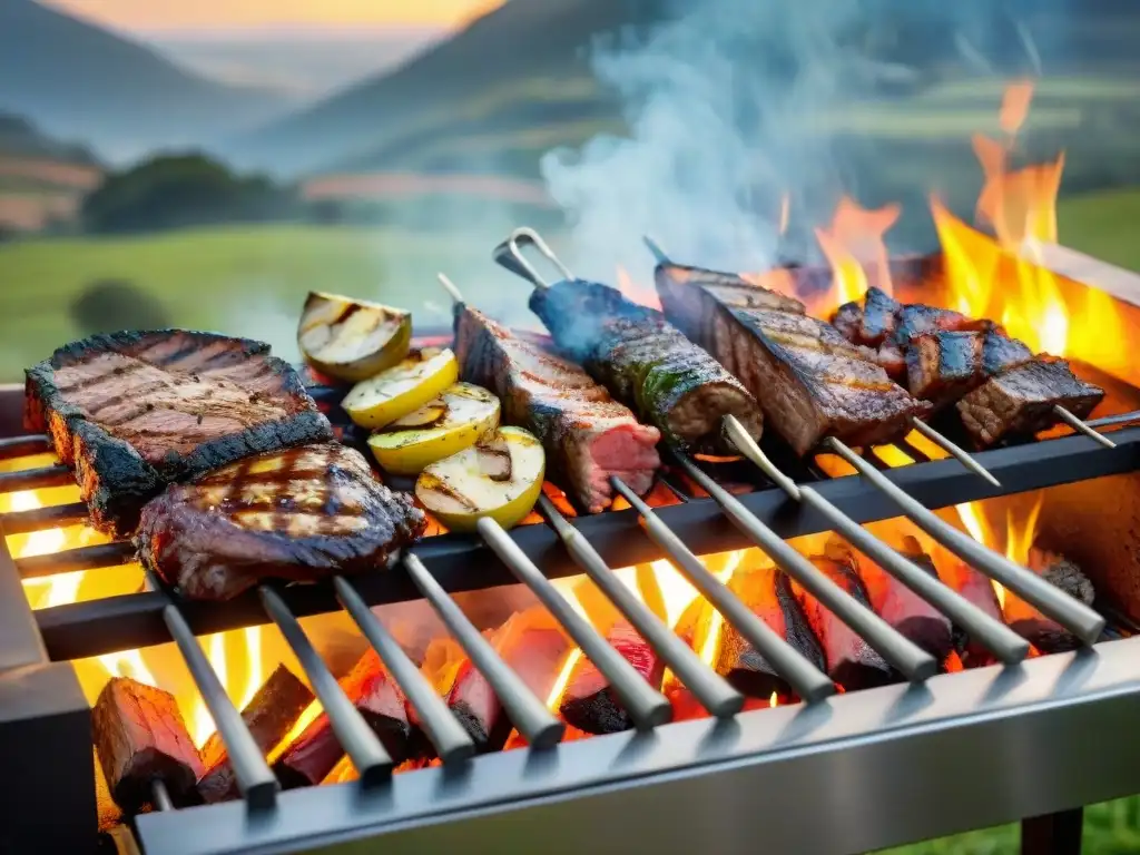 Delicioso asado uruguayo en parrilla con los mejores cortes de carne asándose sobre brasas, rodeado de un paisaje campestre