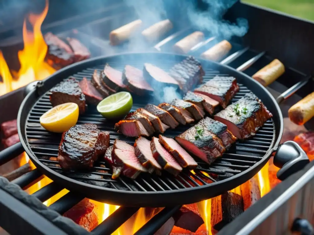 Delicioso asado uruguayo en parrilla, carne jugosa cocinándose a la perfección al aire libre