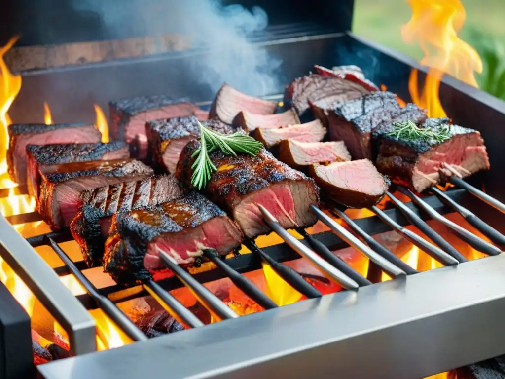 Delicioso asado uruguayo paso a paso en parrilla humeante rodeada de vegetación vibrante