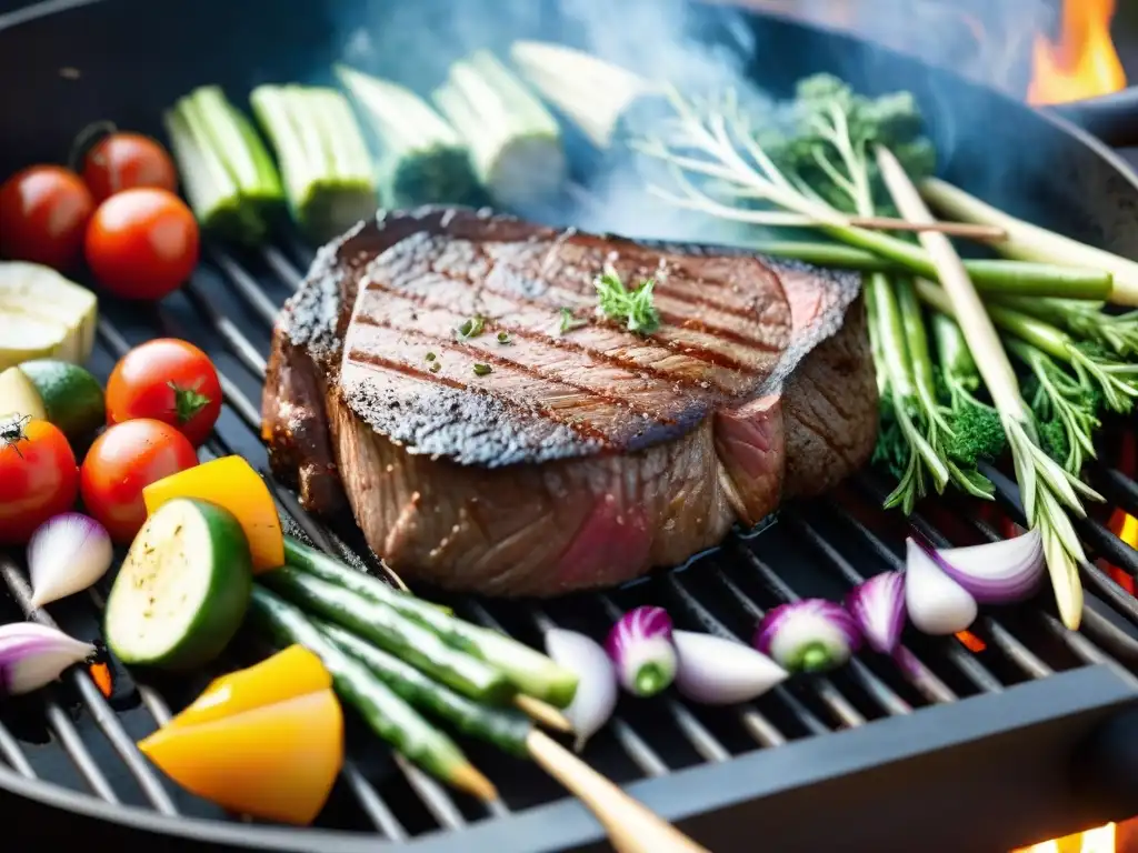 Delicioso asado uruguayo con punto perfecto, rodeado de vegetales y hierbas, en parrilla tradicional