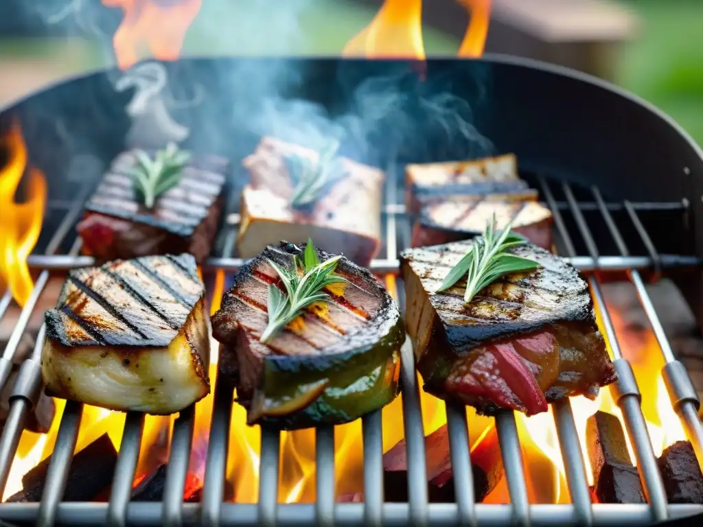 Delicioso asado uruguayo con recetas alternativas, variedad de opciones vegetales en la parrilla