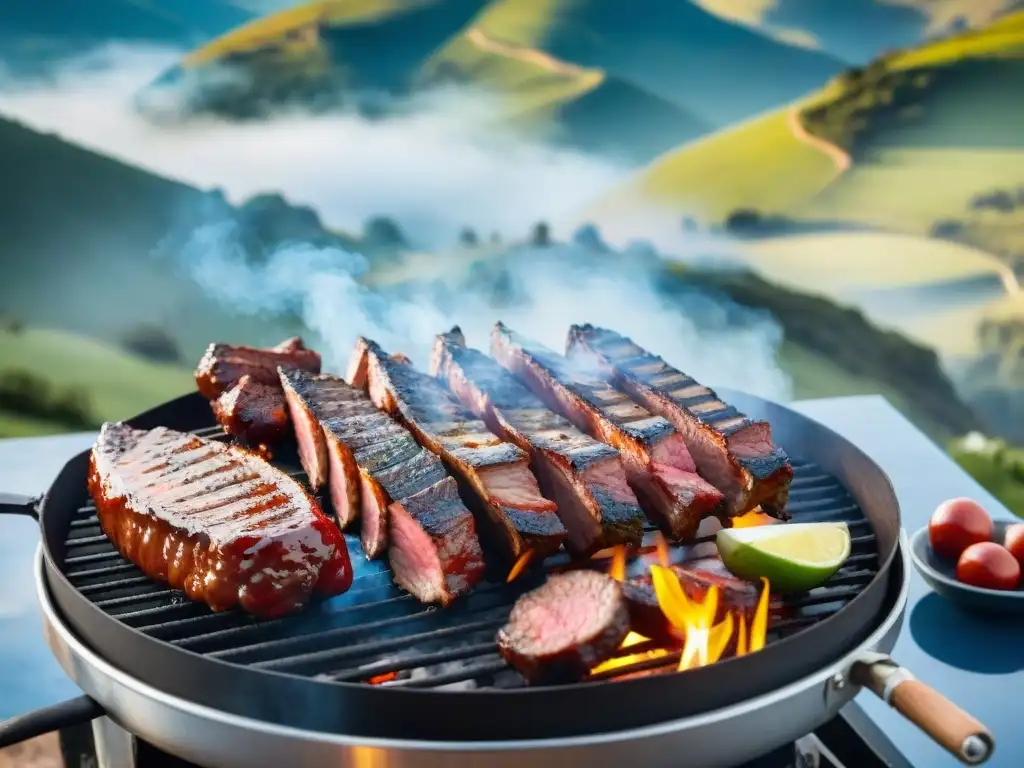 Delicioso asado uruguayo con ribs, chorizos y vacío, en un entorno campestre