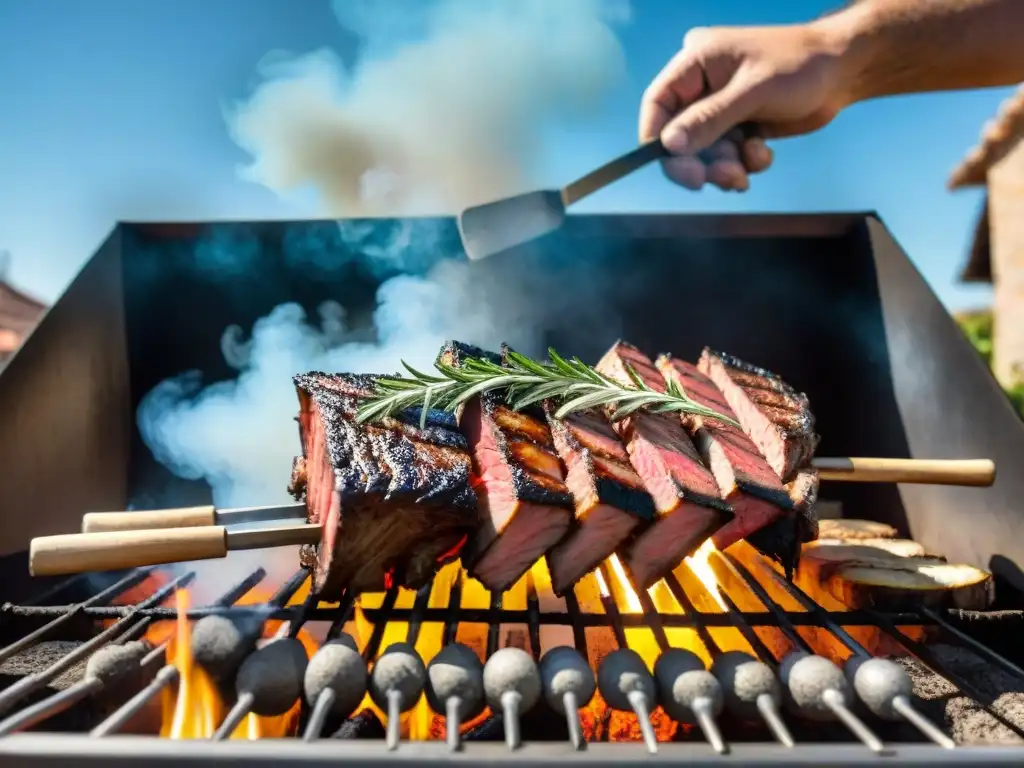 Delicioso asado uruguayo rodeado de hierbas aromáticas