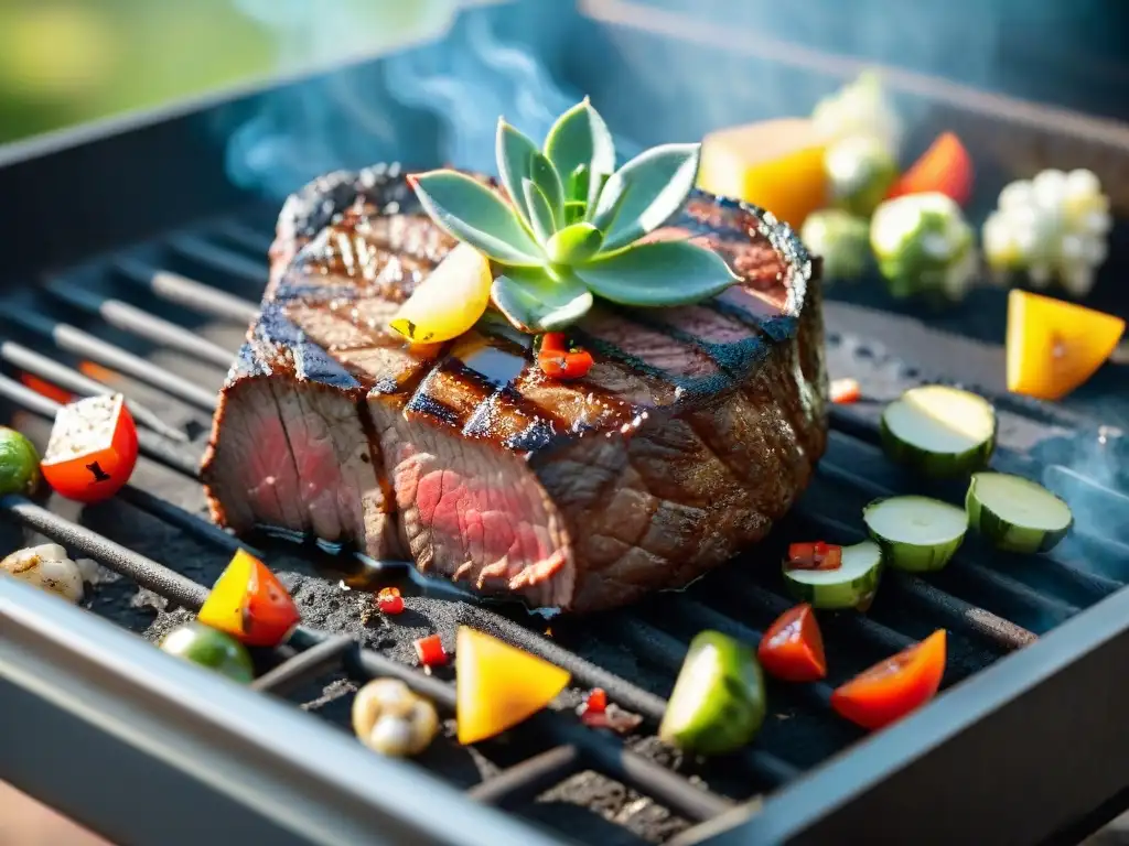 Delicioso asado uruguayo con sabor y técnicas tradicionales, en un entorno al aire libre vibrante y apetitoso