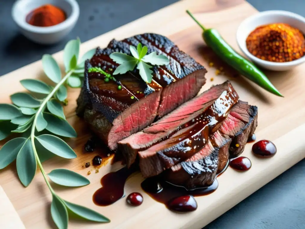 Delicioso asado uruguayo con salsa de chocolate picante, cilantro y chiles, en tabla de madera rústica