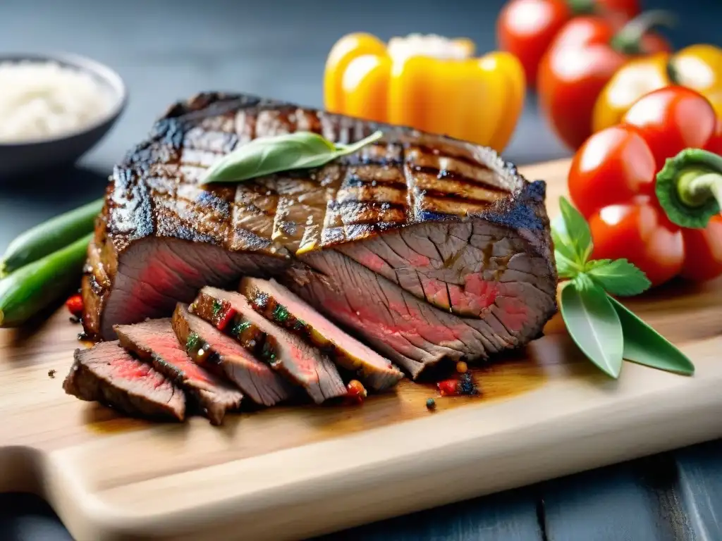 Delicioso asado uruguayo saludable con colesterol bajo y vegetales a la parrilla en tabla rustica