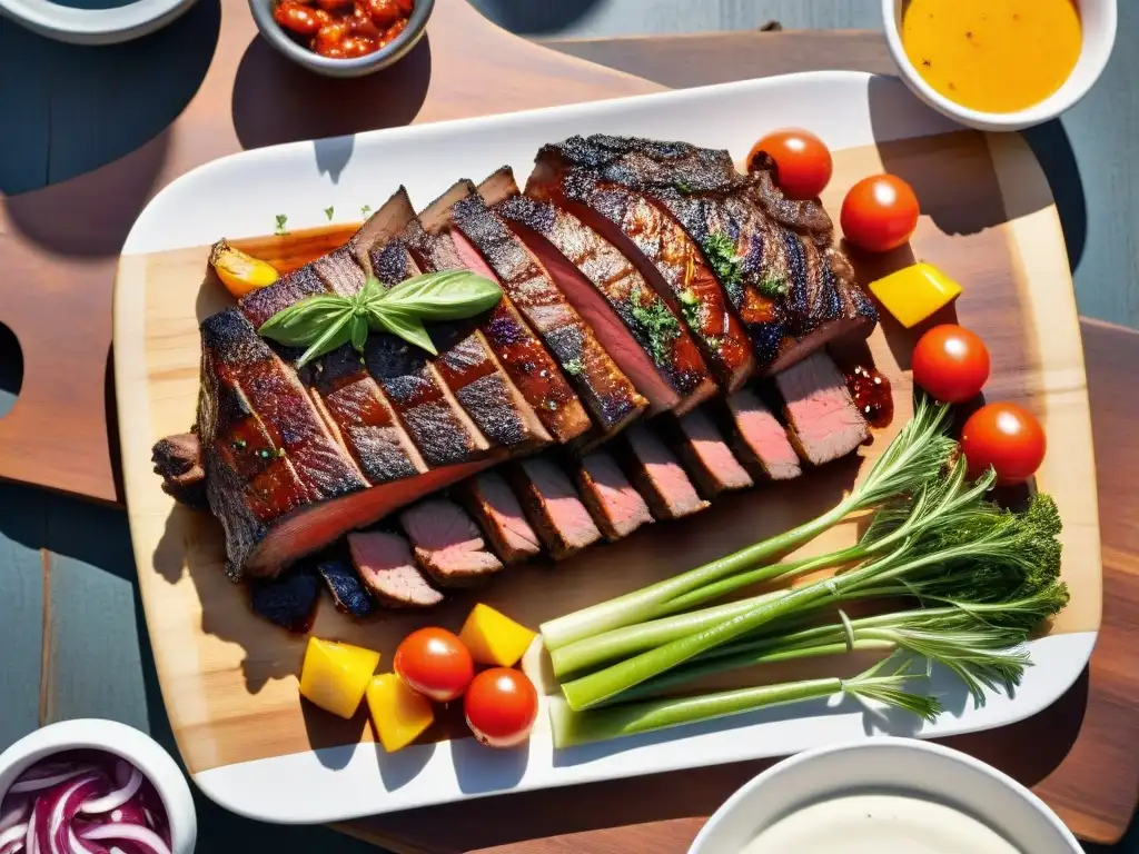 Delicioso asado uruguayo saludable, con carnes magras y vegetales coloridos, en una mesa rústica al sol