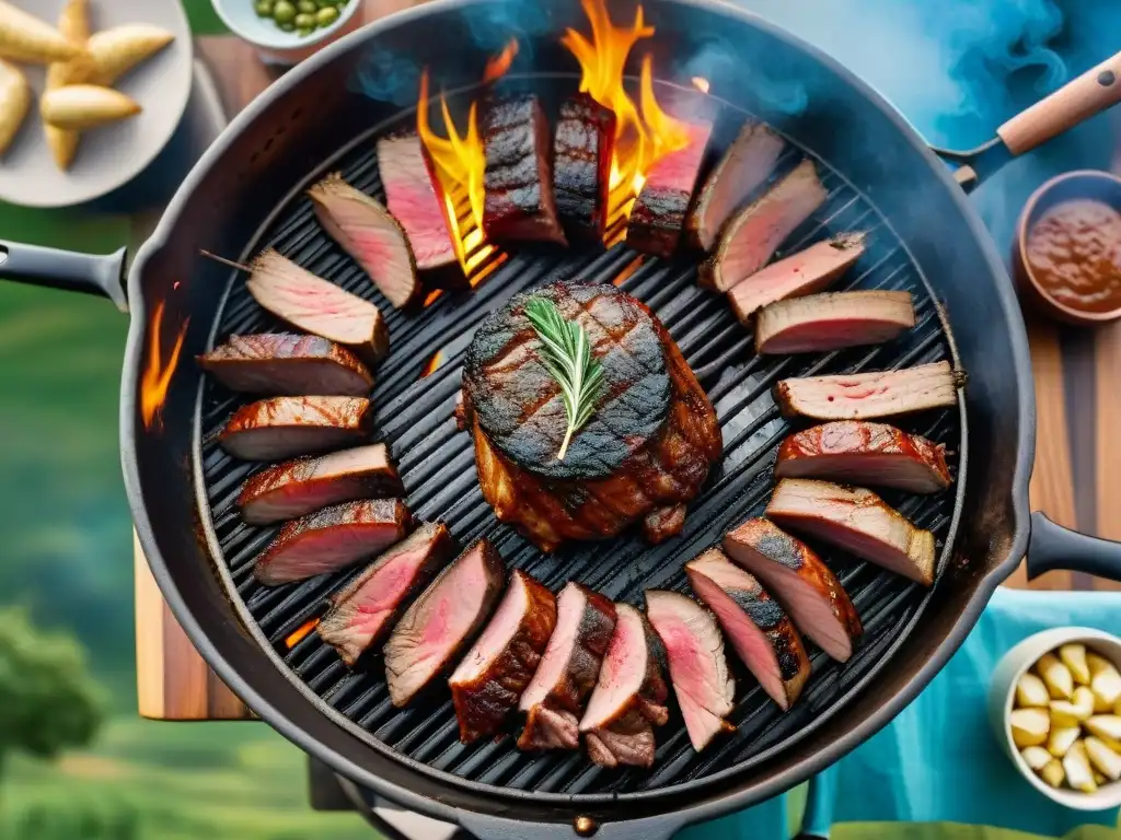 Delicioso asado uruguayo técnica braseado en un paisaje campestre con colinas verdes y cielo azul