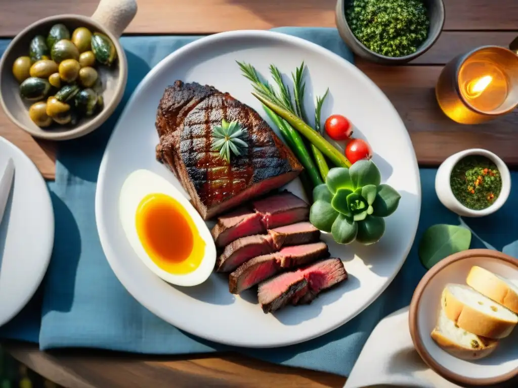 Delicioso asado uruguayo con técnica ahumado casero en mesa rústica al aire libre