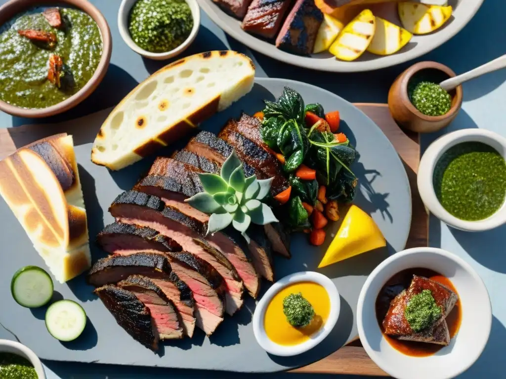 Delicioso asado uruguayo con técnicas de asado a temperatura, rodeado de naturaleza y luz dorada